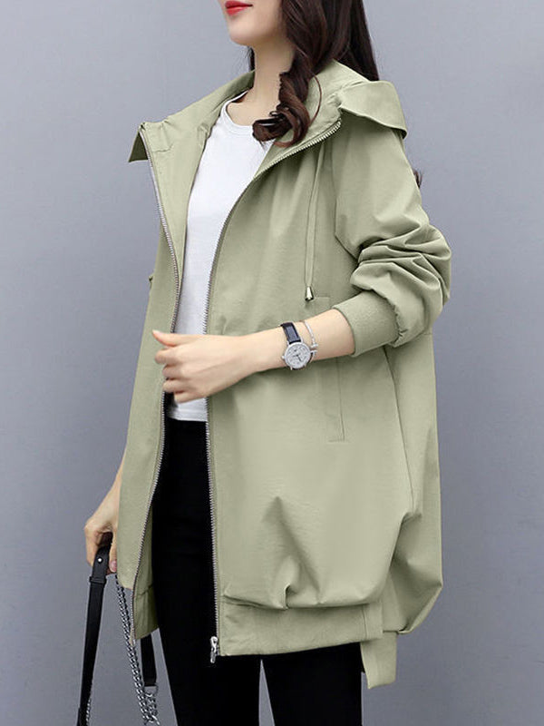 xakxx Casual Loose 4 Colors Pleated Zipper Hooded Long Sleeves Outwear