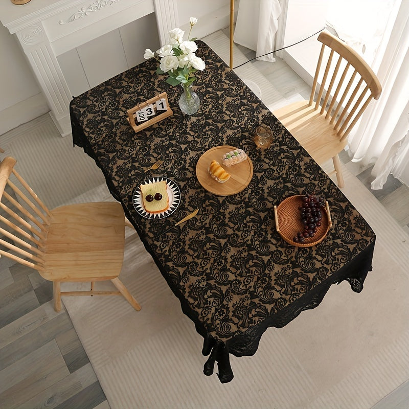 1pc Exquisite Black Phoenix Tail Flower Rectangle Lace Tablecloth - Elegant Sheer Decor for Rustic Vintage, Wedding, Thanksgiving, Baby Shower - Durable, Easy Care, and Versatile for Any Occasion