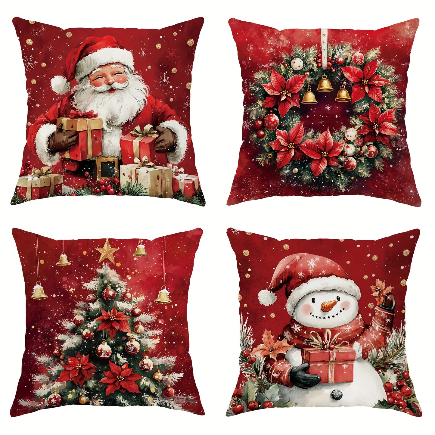 4pcs Set Christmas Velvet Throw Pillow Covers - Santa, Snowman & Tree Designs | Soft & Cozy Red & Green Decorative Cushion Cases for Living Room & Bedroom | 18x18 Inches | Zip Closure