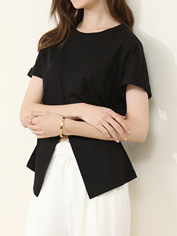 xakxx Batwing Sleeves Loose Pleated Solid Color Split-Front Split-Joint Round-Neck T-Shirts