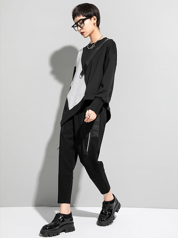 xakxx Stylish Black&Gray Asymmetric Contrast Color Long Sleeves Round-Neck T-Shirt