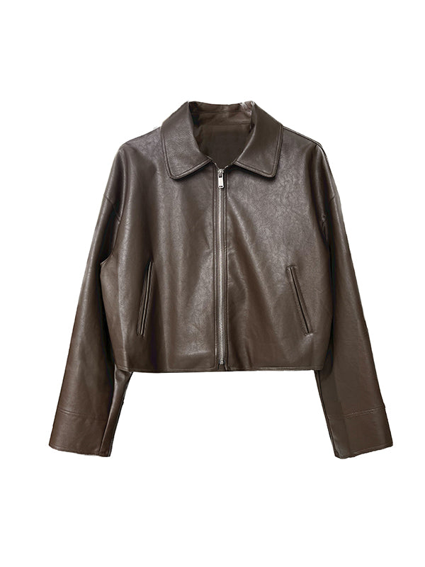 xakxx Long Sleeves Loose Solid Color Zipper Lapel Collar Jackets&Coats Outerwear