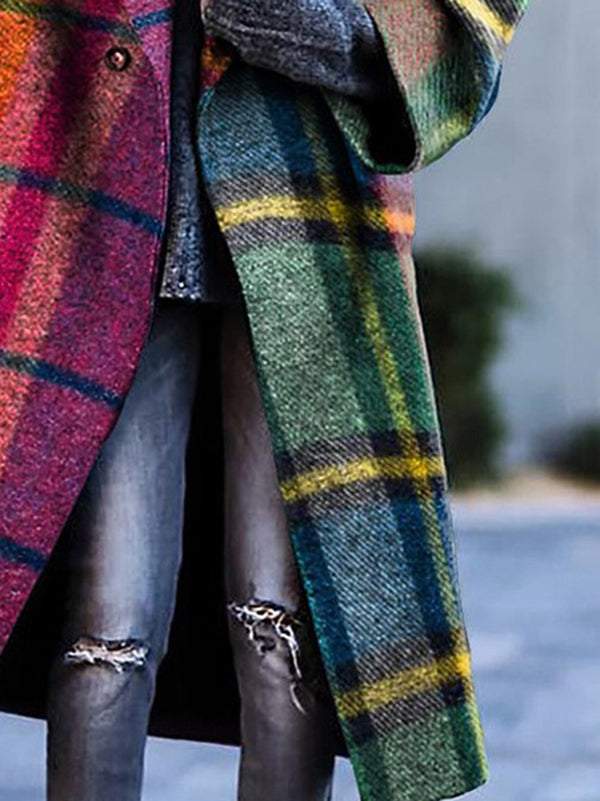 xakxx Long Sleeves Loose Contrast Color Plaid Split-Joint Lapel Outerwear Windbreakers Woolen Coat