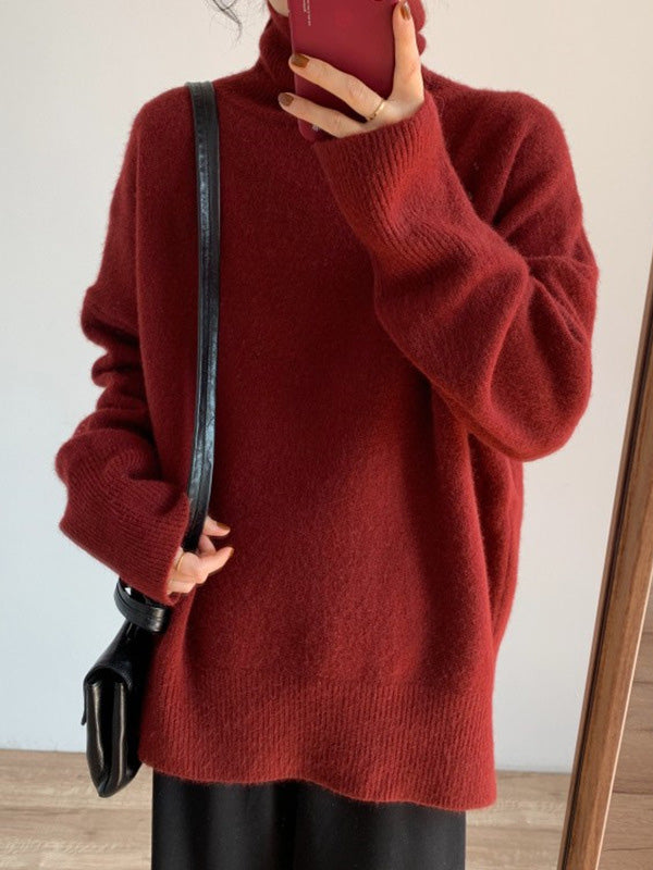 xakxx Casual Long Sleeves Loose Solid Color High-Neck Sweater Tops