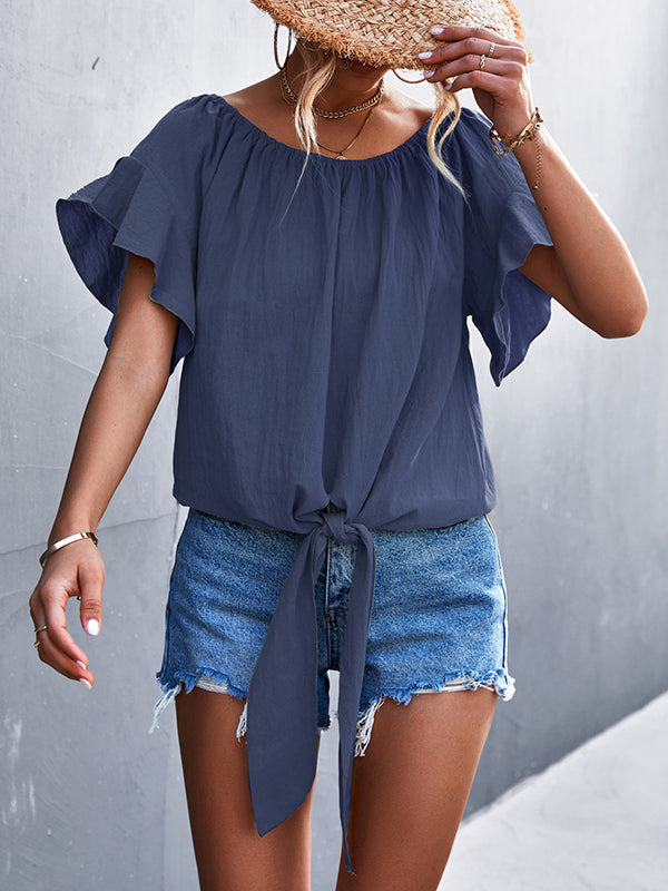 xakxx Loose Short Sleeves Elasticity Falbala Pleated Solid Color Tied Round-Neck T-Shirts Tops