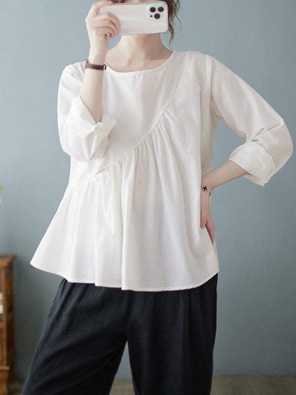 xakxx Casual Loose Long Sleeves Solid Color Round-Neck T-Shirts Tops