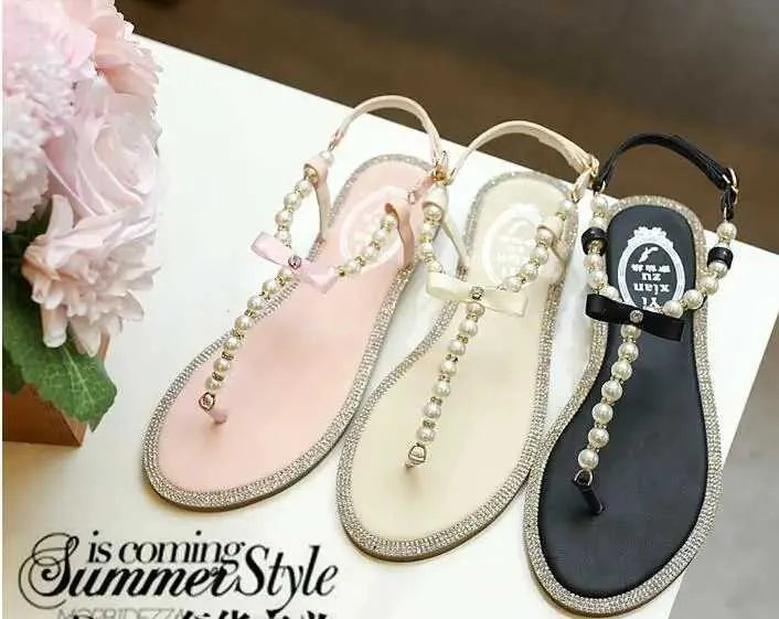 Sandals Women sandals new summer shoes flat pearl sandals comfortable string bead beach slippers casual sandals pink white blackL464