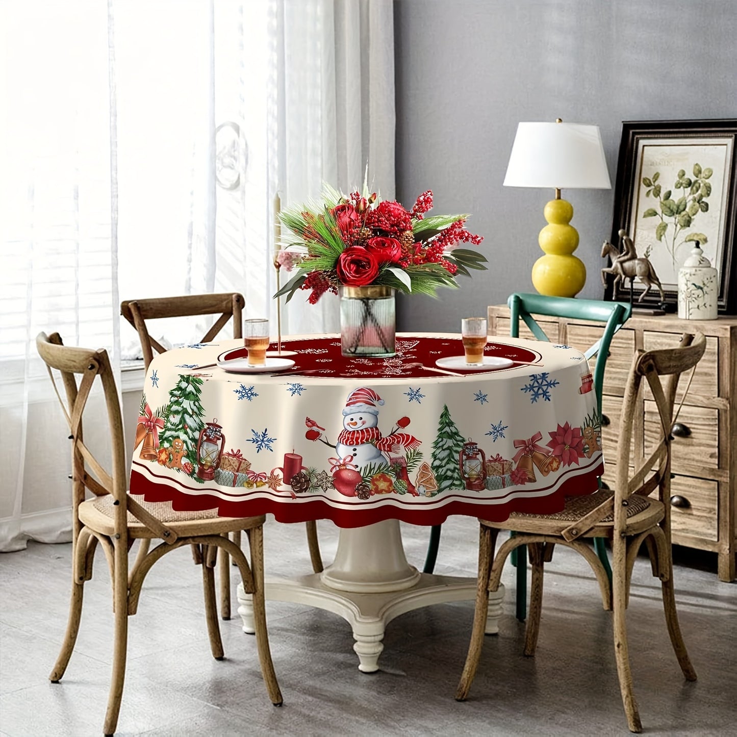 1pc Merry Christmas Polyester Tablecloth - Cartoon Style Santa Claus Snowflake Pattern, Holiday Desktop Decoration Fabric, Christmas Atmospheric Table Decor, Home Decoration, Gift Idea