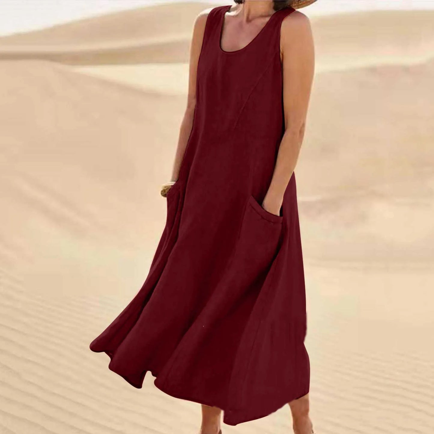 Hot Summer women Casual Dresses pocket sleeveless round neck women's cotton linen dress loose Khaki White black home outdoor skirt Big Size S-5XL 1f9 89b