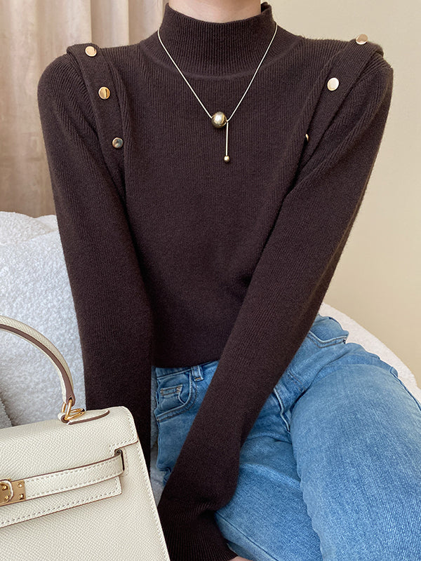 xakxx Long Sleeves Buttoned Split-Joint High-Neck Sweater Tops