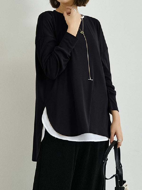 xakxx Simple Long Sleeves Loose Split-Side Solid Color Round-Neck T-Shirts Tops