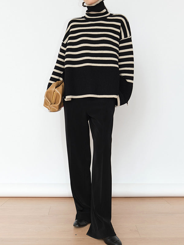 xakxx Long Sleeves Loose Contrast Color Split-Joint Split-Side Striped High Neck Sweater Tops