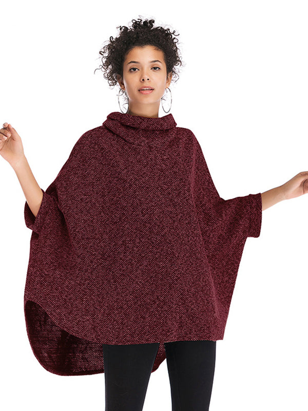 xakxx Casual Loose Half Sleeves Solid Color High-Neck Sweater Tops