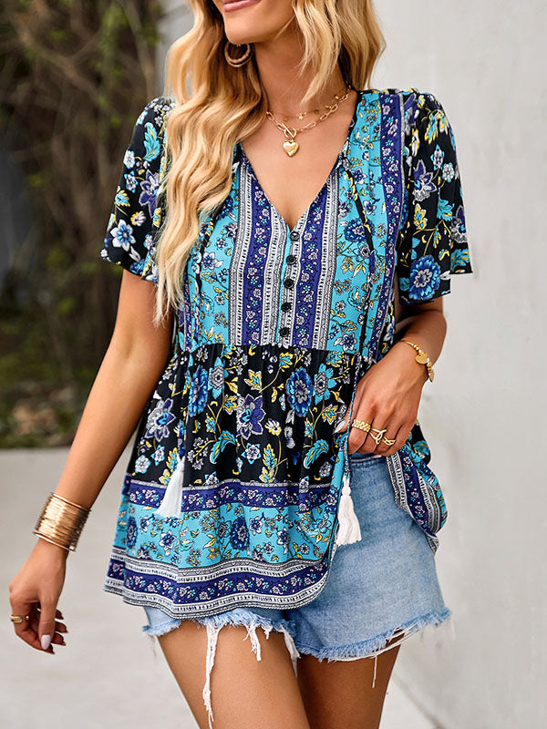 xakxx Loose Short Sleeves Buttoned Flower Print Split-Joint Tasseled Tied V-Neck T-Shirts Tops