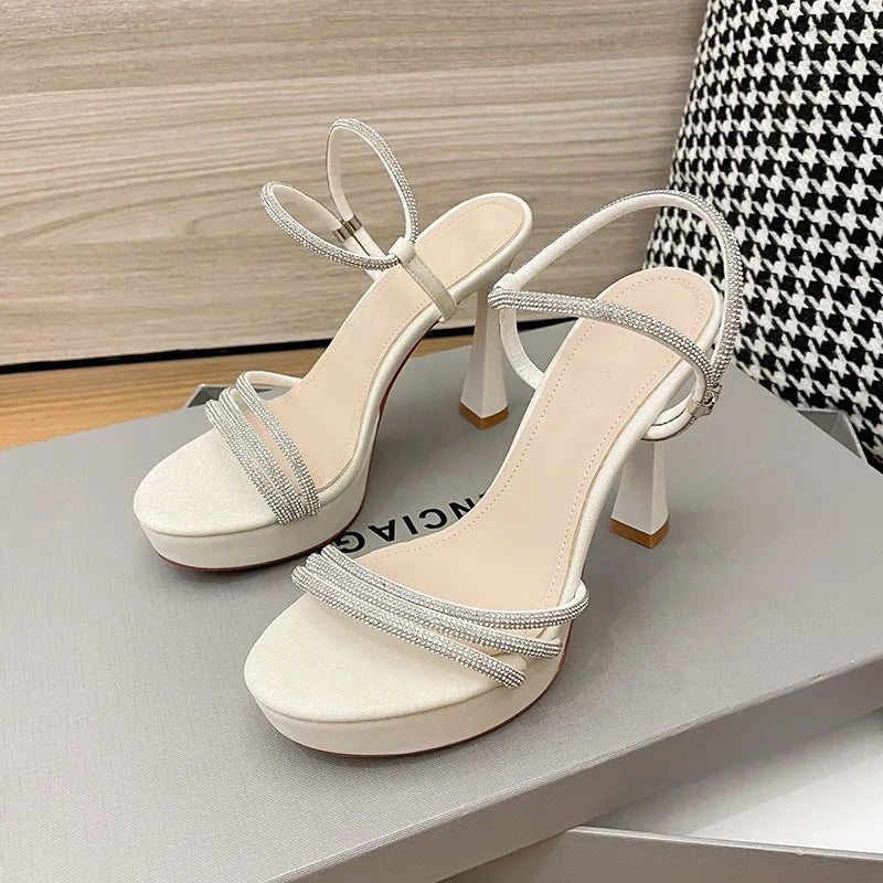 Temperament Round Head High Heel Sandals Waterproof Platform with Fine Heel Water Diamond Ribbon Summer New Casual Daily Versatile 01