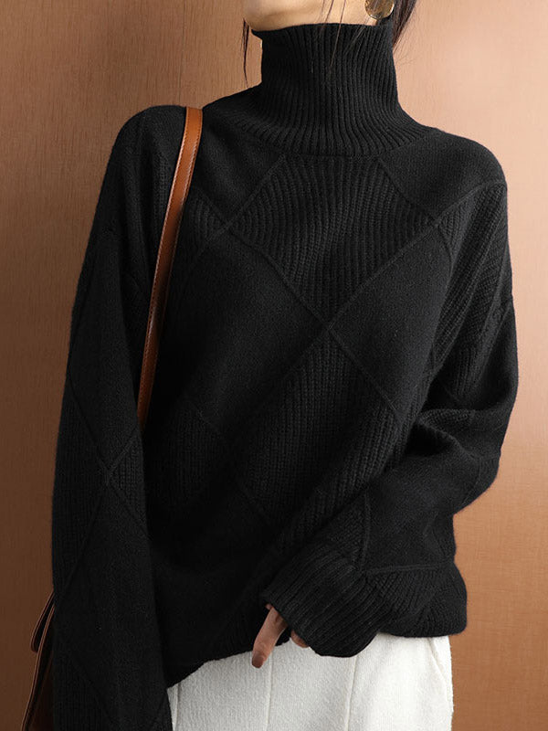 xakxx Casual Loose Solid Color Striped High-Neck Long Sleeves Sweater Tops