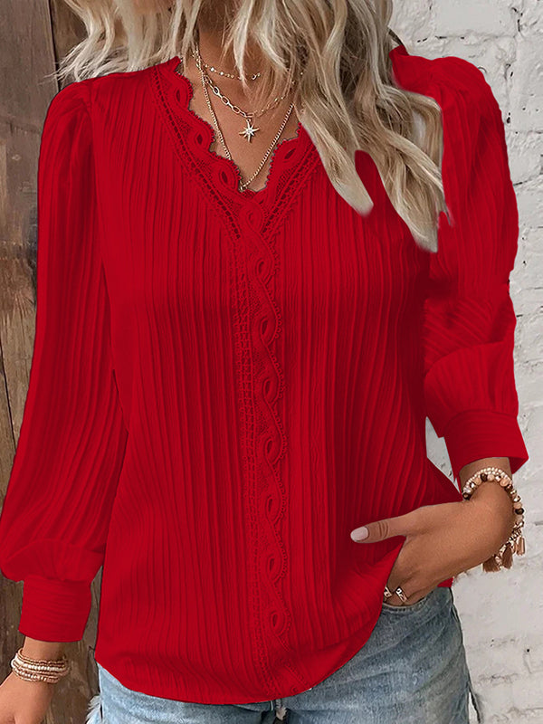 xakxx Long Sleeves Loose Hollow Solid Color V-Neck T-Shirts