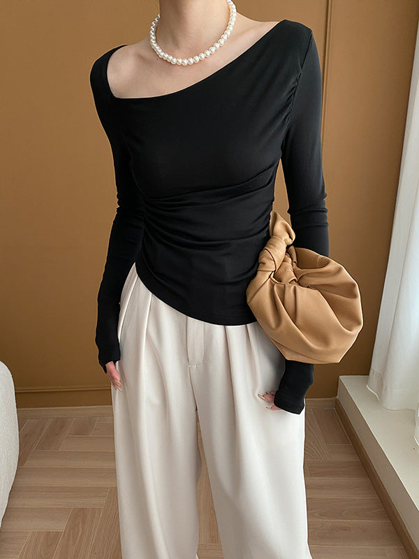 xakxx Long Sleeves Skinny Solid Color Asymmetric Collar T-Shirts Tops