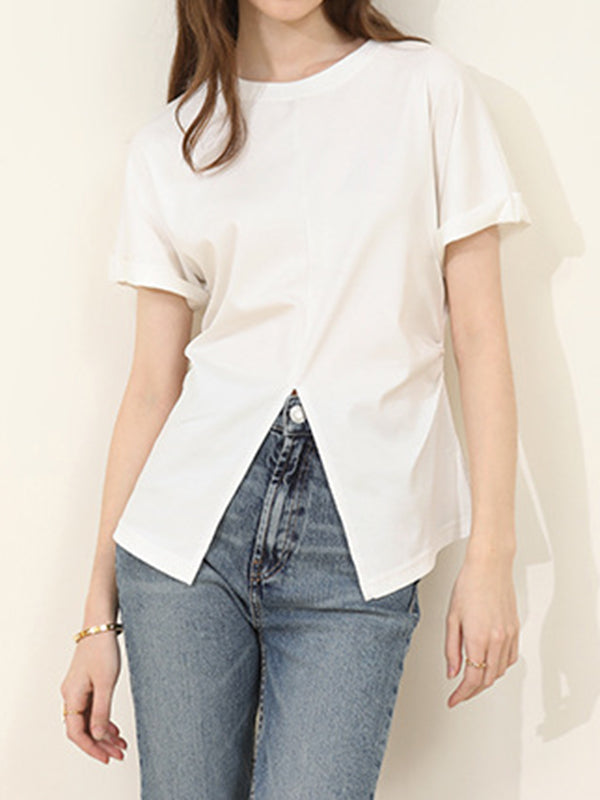 xakxx Batwing Sleeves Loose Pleated Solid Color Split-Front Split-Joint Round-Neck T-Shirts