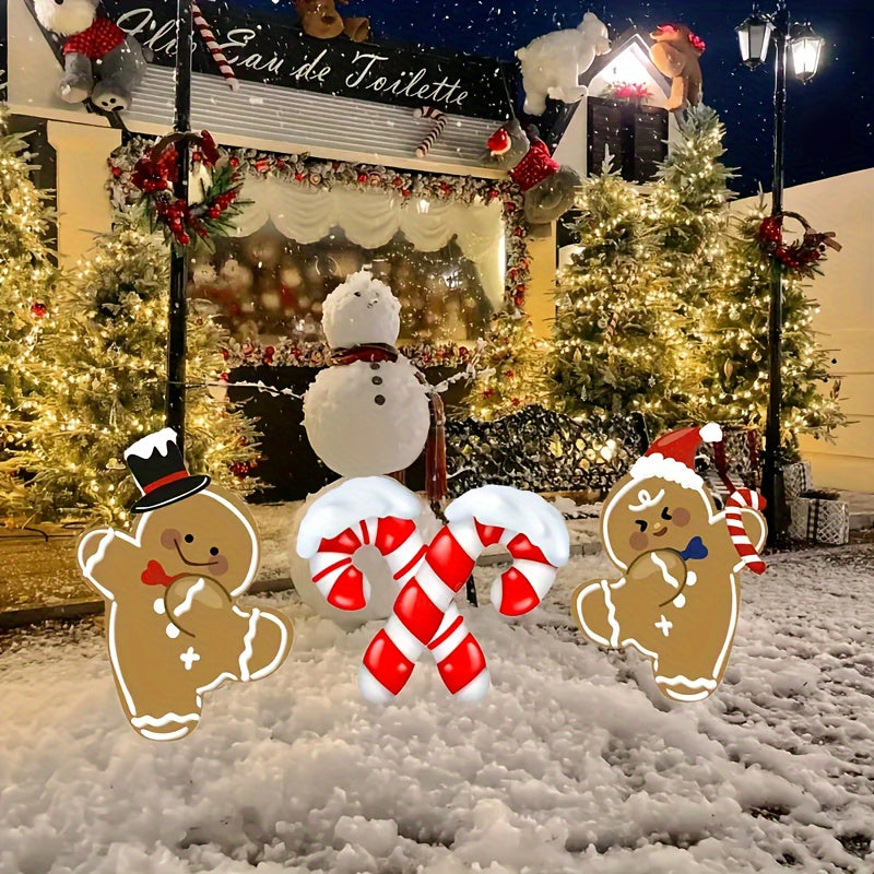3pcs Christmas Gingerbread for Man & Candy Cane Yard Stakes Set - Outdoor Holiday Decor for Garden, Lawn, and Pathways