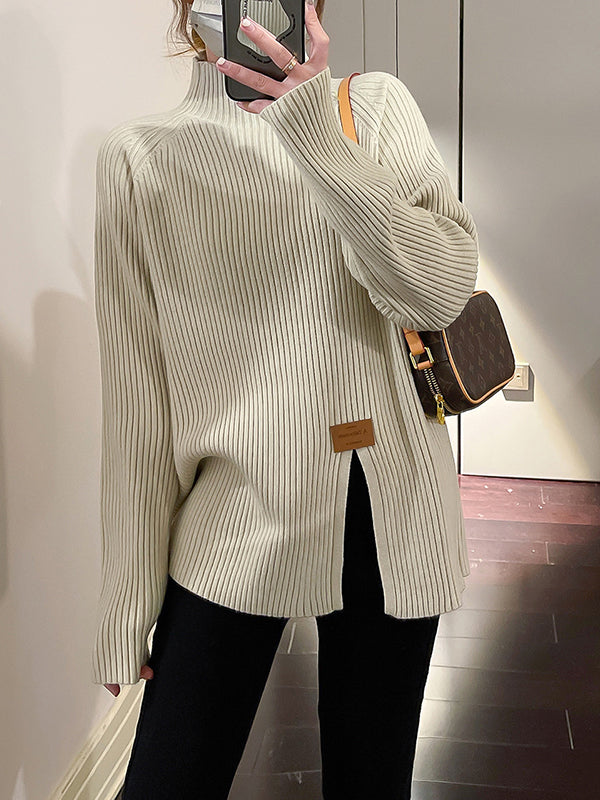xakxx Long Sleeves Loose Split-Front Mock Neck Pullovers Sweater Tops