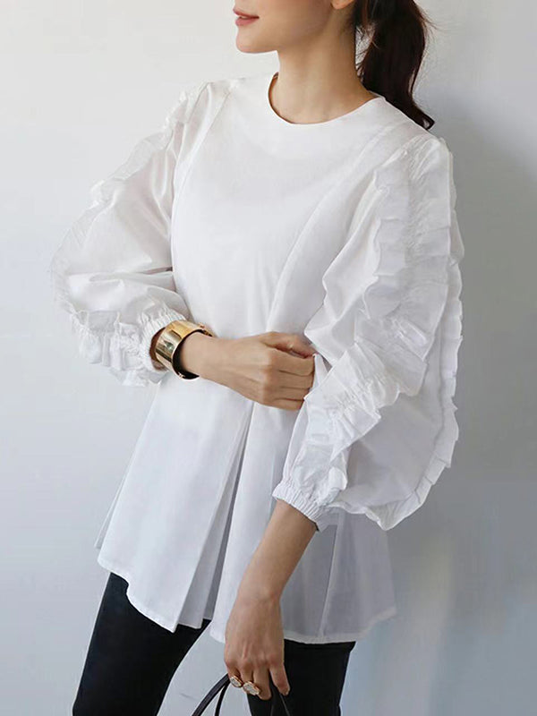 xakxx Trendy Tops Loose Puff Sleeves Plaid Agaric Laces Falbala Round-Neck Blouses