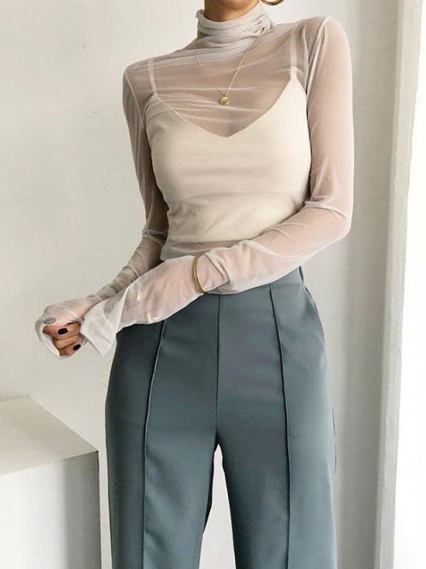 xakxx Long Sleeves Skinny Gauze See-Through Solid Color High Neck T-Shirts