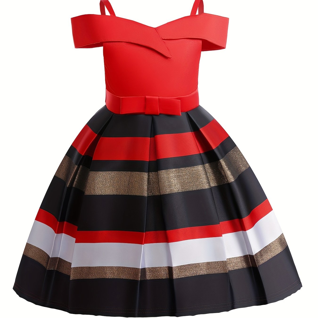 Knee-High Off-the-Shoulder Color Block Pleated Princess Dress for Girls - Sleeveless, Flared Hem, Cotton Lined, Non-Stretch Polyester Fabric, Hand Wash Only - Perfect for Piano Performance, Wedding, Birthday Party, and Evening Occasions