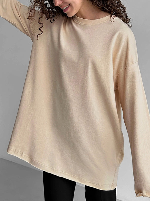 xakxx Long Sleeves Loose Solid Color Round-Neck T-Shirts Tops