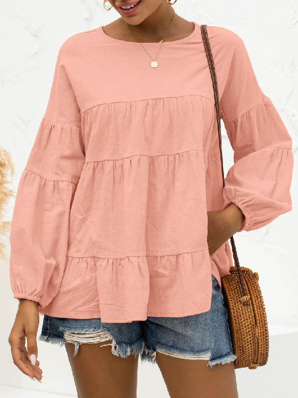 xakxx Casual Long Sleeves Puff Sleeves Solid Color Round-Neck T-Shirts Tops