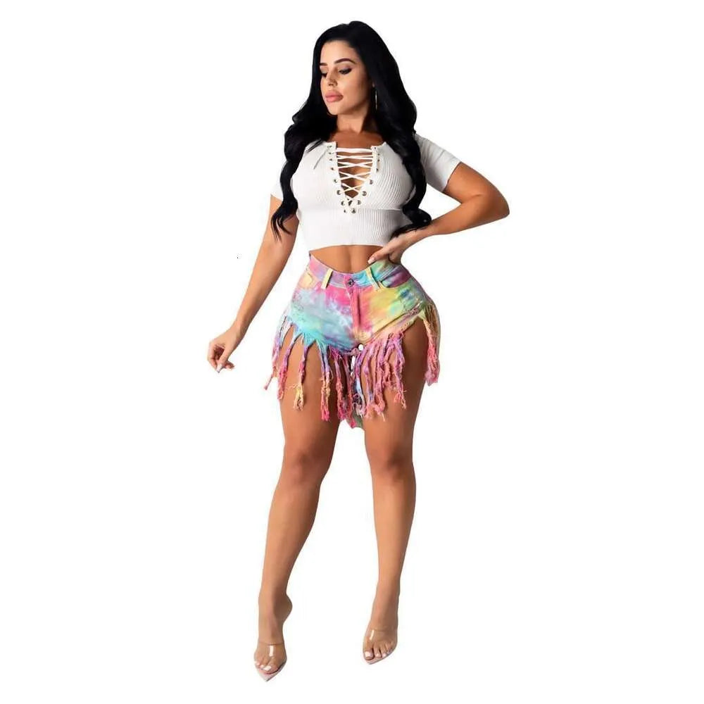 Tassel Brushed Tie Dyed Imitation Denim Shorts, Women's Jeans, Casual Pants