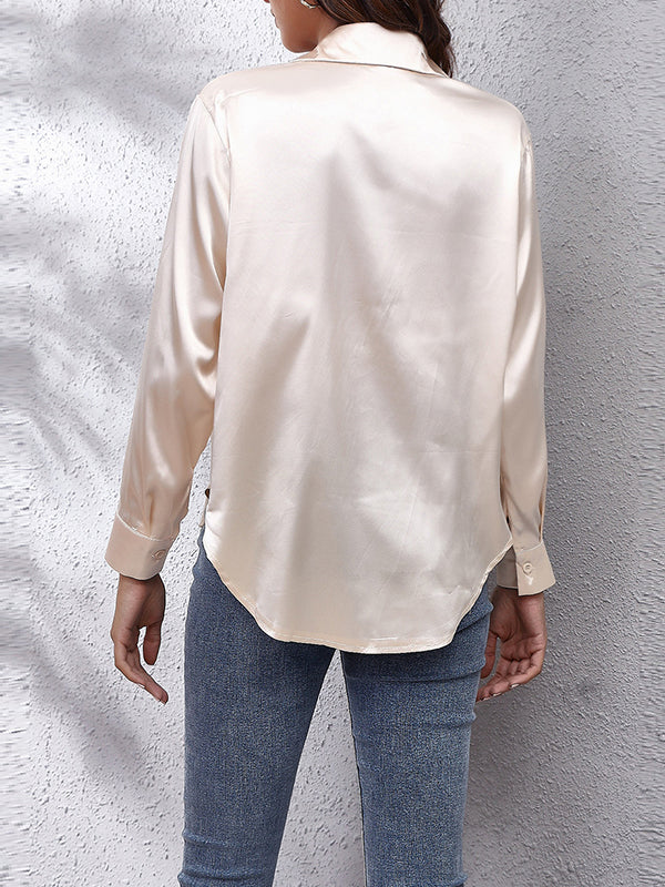 xakxx Long Sleeves Loose Solid Color Lapel Blouses