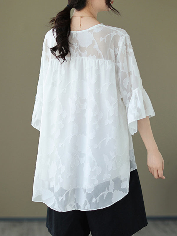 xakxx Loose Short Sleeves Falbala Pleated See-Through Split-Joint Round-Neck T-Shirts