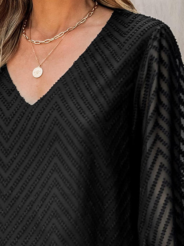 xakxx Loose Puff Sleeves Jacquard Pleated See-Through Split-Joint V-Neck T-Shirts