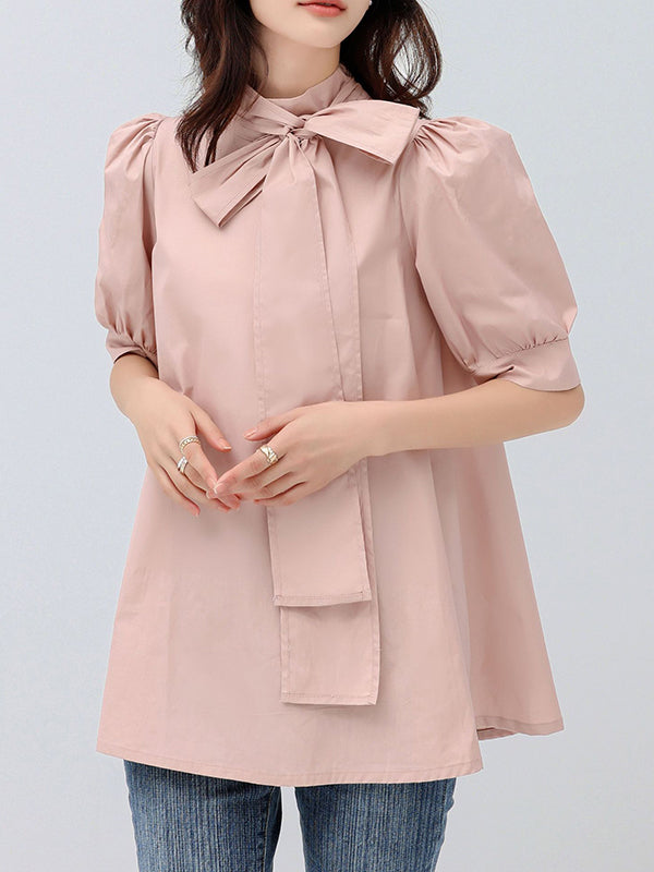 xakxx Casual Loose Bow-Embellished Solid Color Blouse