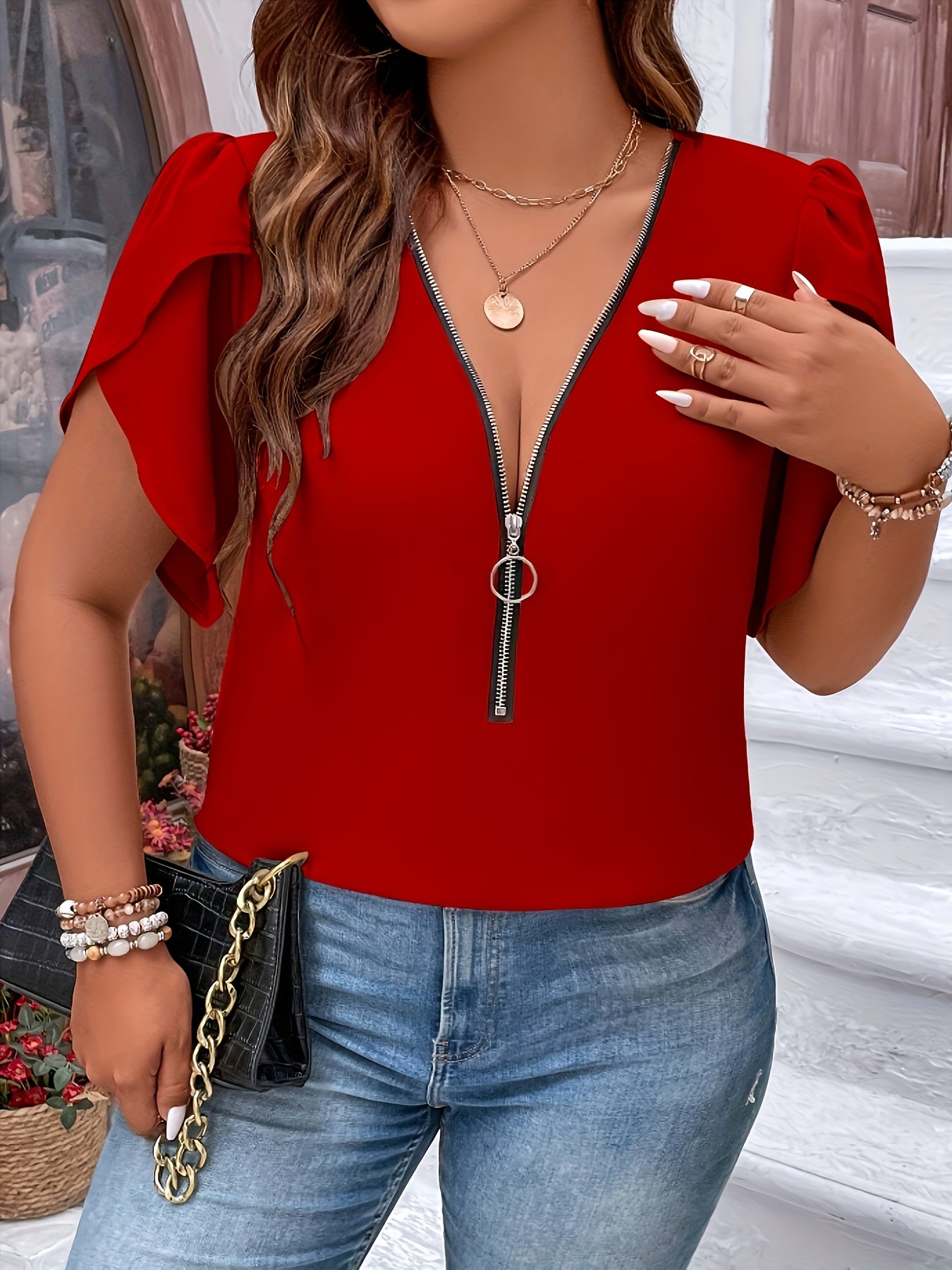 Plus Size Zip Front Blouse with Chic Zip Detail - Fashionable Solid Color, Flirty Petal Sleeves for Spring & Summer Style - Womens Plus Size Clothing
