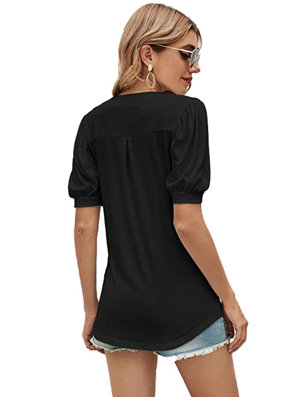 xakxx Simple Solid Color V-Neck Puff Sleeves T-Shirt Top