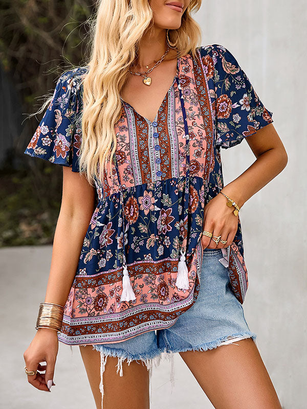 xakxx Loose Short Sleeves Buttoned Flower Print Split-Joint Tasseled Tied V-Neck T-Shirts Tops