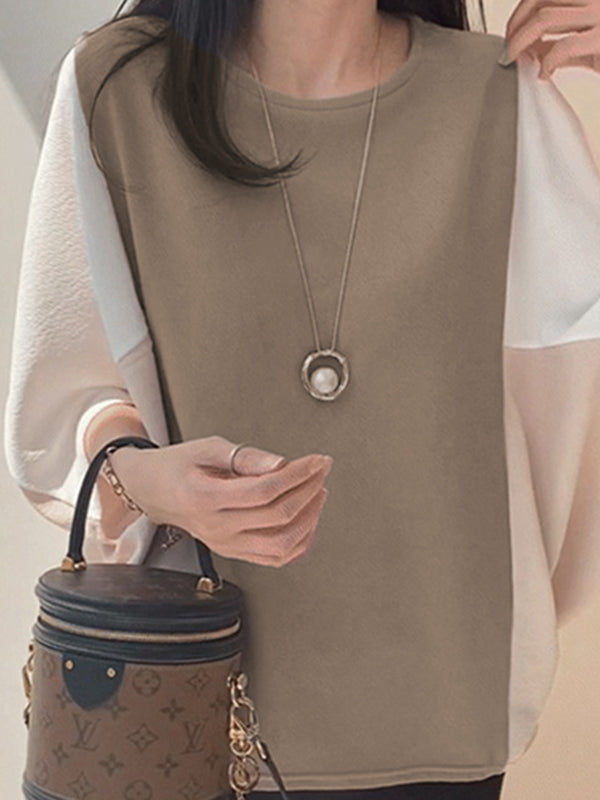 xakxx Batwing Sleeves Half Sleeves Contrast Color Round-Neck Blouses&Shirts Tops