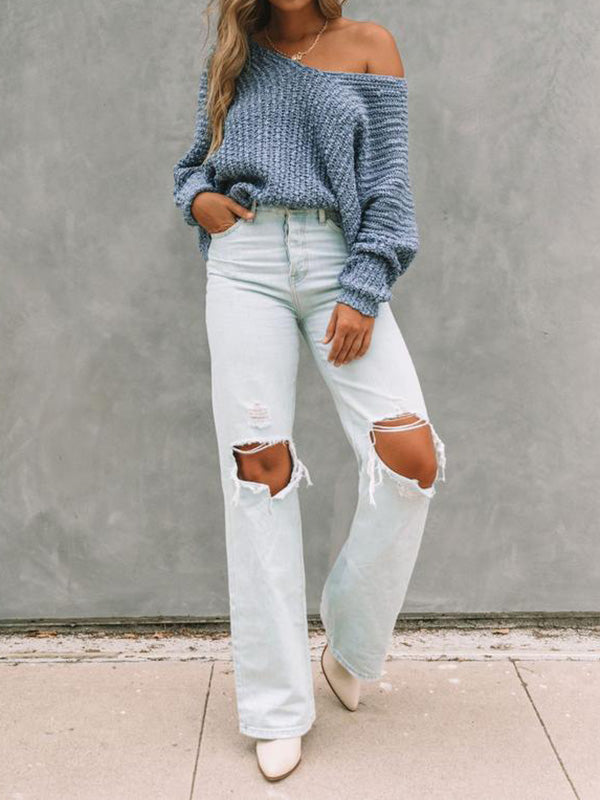 xakxx Long Sleeves Loose Solid Color V-Neck Knitwear Pullovers Sweater Tops