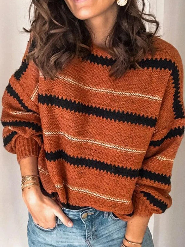 xakxx Long Sleeves Loose Striped Round-Neck Knitwear Pullovers Sweater Tops