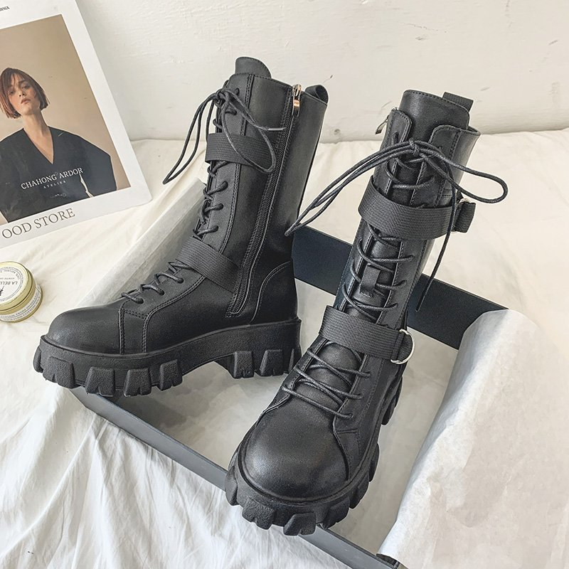 Purpdrank - Women's Shoes New Spring Style Platform Comfortable Boots Zipper Casual Mid-Calf Round Toe Flat with Boots Femmes Bottes