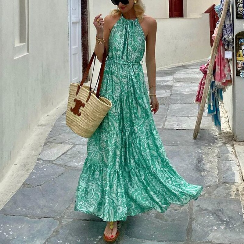 Purpdrank - New Sexy Off Shoulder Sleeveless Long Dresses Fashion Summer Print Maxi Beach Dress Women Elegant Halter Sleeveless Party Dress