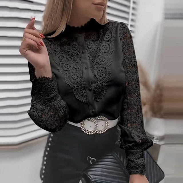 Xakxx - Women Sexy Lace Patchwork Hollow Out Shirt Blouse Long Sleeve O-Neck Mesh Design Tops Spring White Vintage Button Shirts