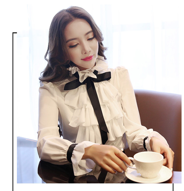 Xakxx - New Women blouse tops White Ruffles Bow Long Sleeve Chiffon Blouse 2023 New Work Wear Office Blusas Femininas ladies shirt 570A