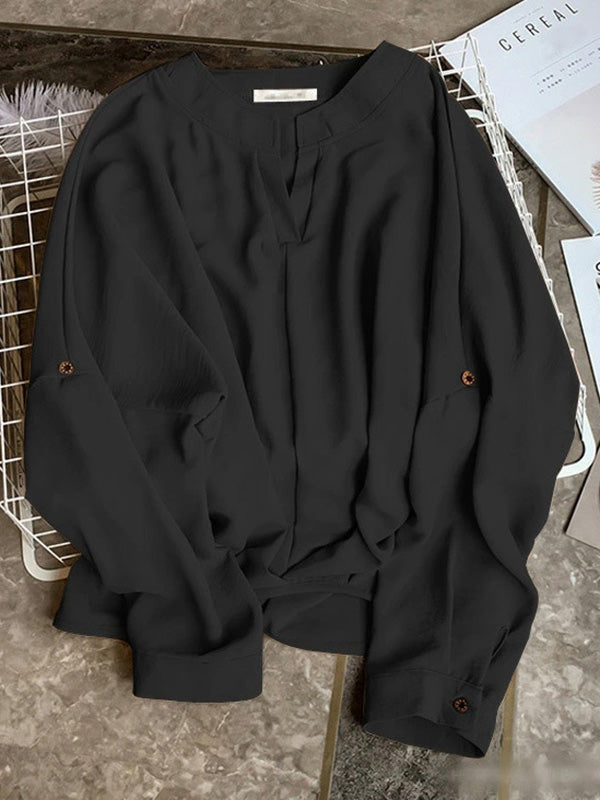 xakxx Casual Long Sleeves Loose Solid Color V-Neck Blouses&Shirts Tops