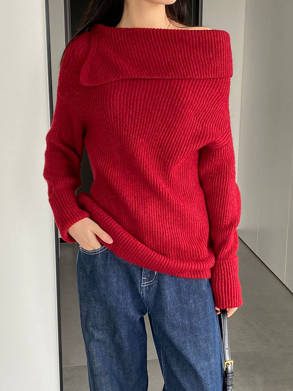 xakxx Long Sleeves Loose Solid Color Off-The-Shoulder Knitwear Pullovers Sweater