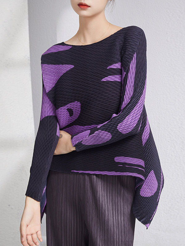 xakxx Casual Irregularity Loose Printed Pleated Round-Neck T-Shirts Tops