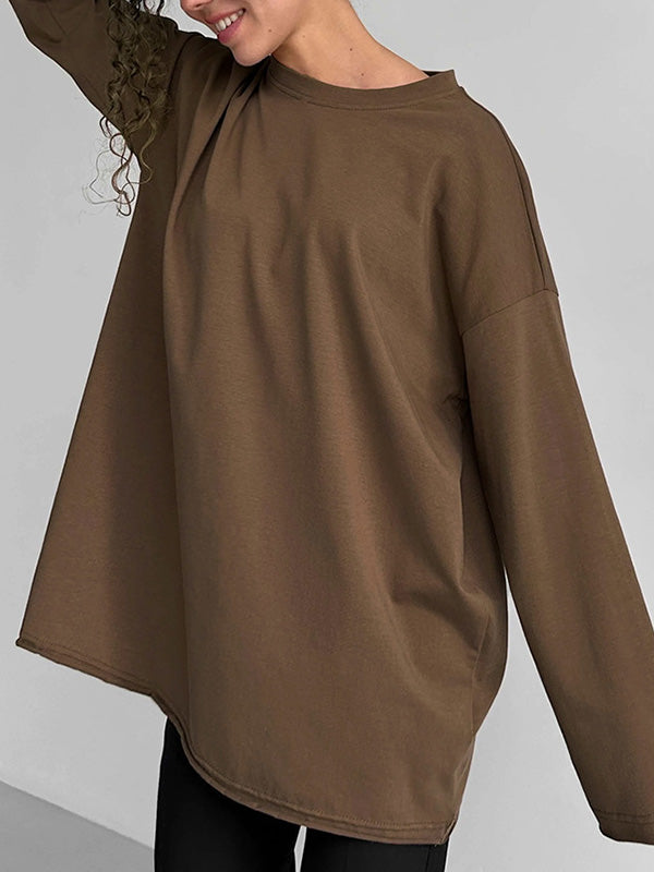 xakxx Long Sleeves Loose Solid Color Round-Neck T-Shirts Tops