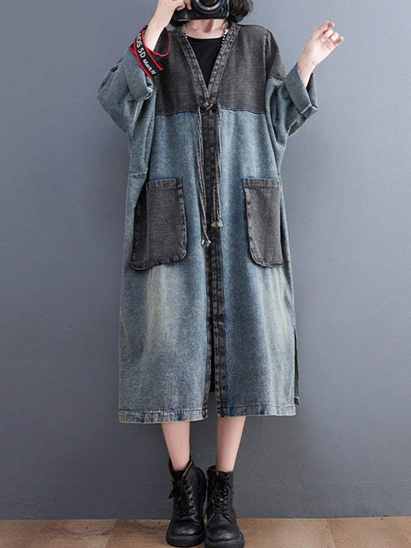 xakxx Artistic Retro Denim Long Sleeves Loose Tied Split-Joint Trench Outerwear